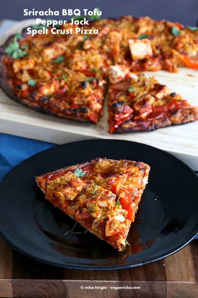 Vegan Sriracha BBQ Tofu Pizza With Pepper Jack on Spelt Crust