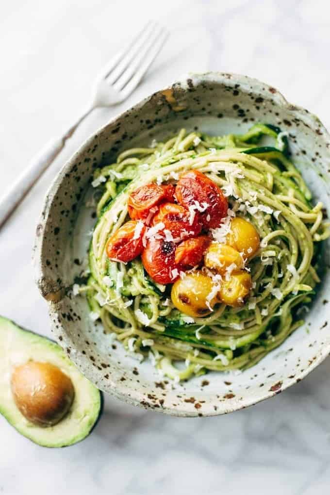 Burst Tomato and Zucchini Spaghetti with Avocado Sauce