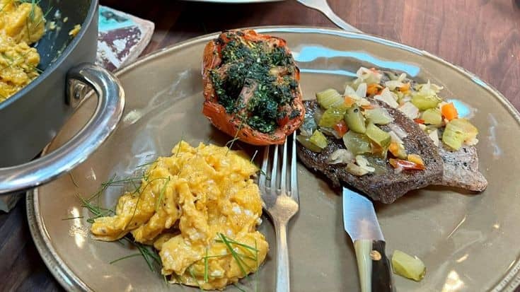 Minute Steaks With Scrambled Eggs & Stuffed Tomatoes